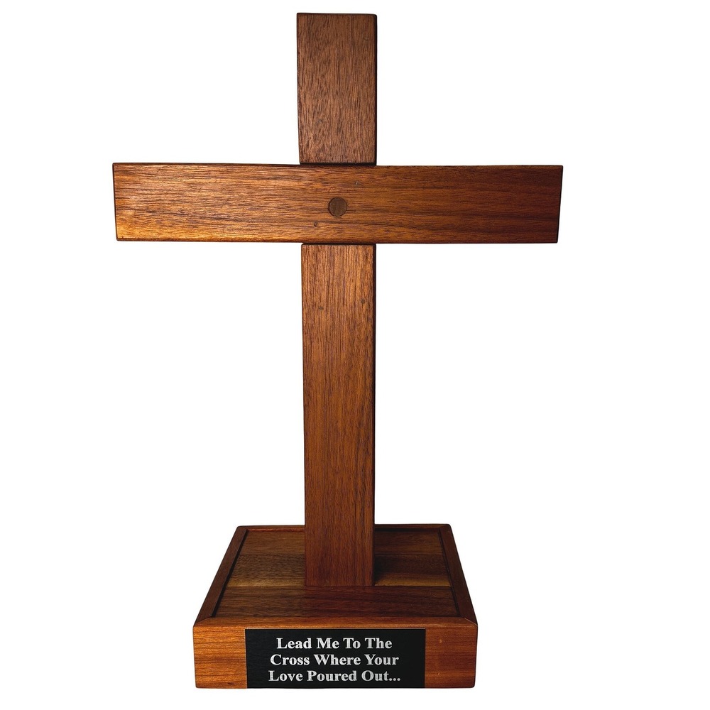 Cross Religious Altar Standing Plaque Handcrafted Wood Lead Me To The Cross Vtg.